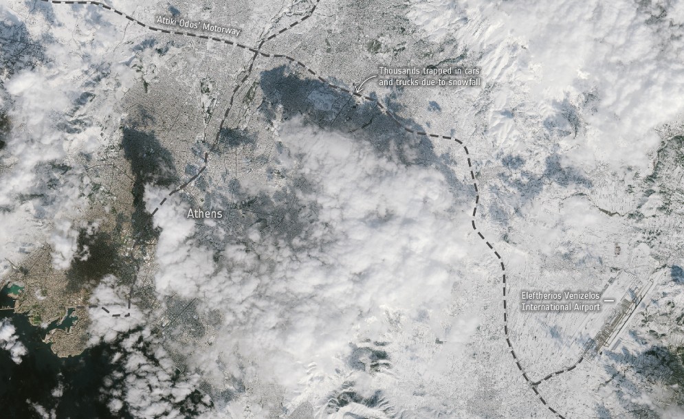 Η χιονισμένη Αθήνα από τον ευρωπαϊκό δορυφόρο Copernicus Sentinel-2